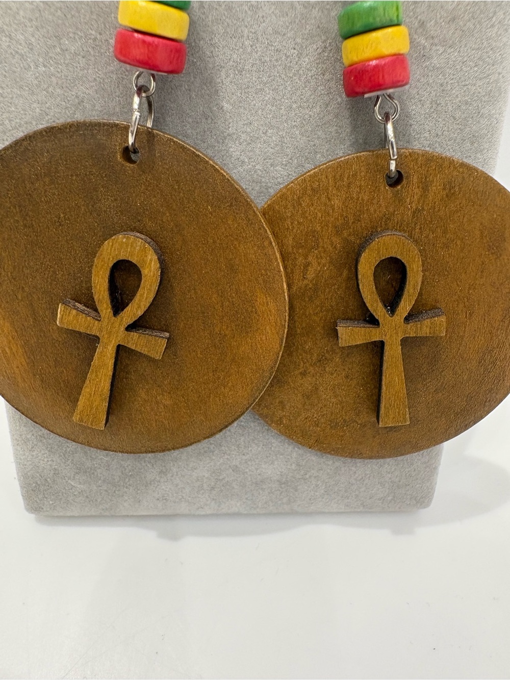 Handcrafted Green Yellow Red and Wood Ankh Drop Earrings - Picture 8 of 8
